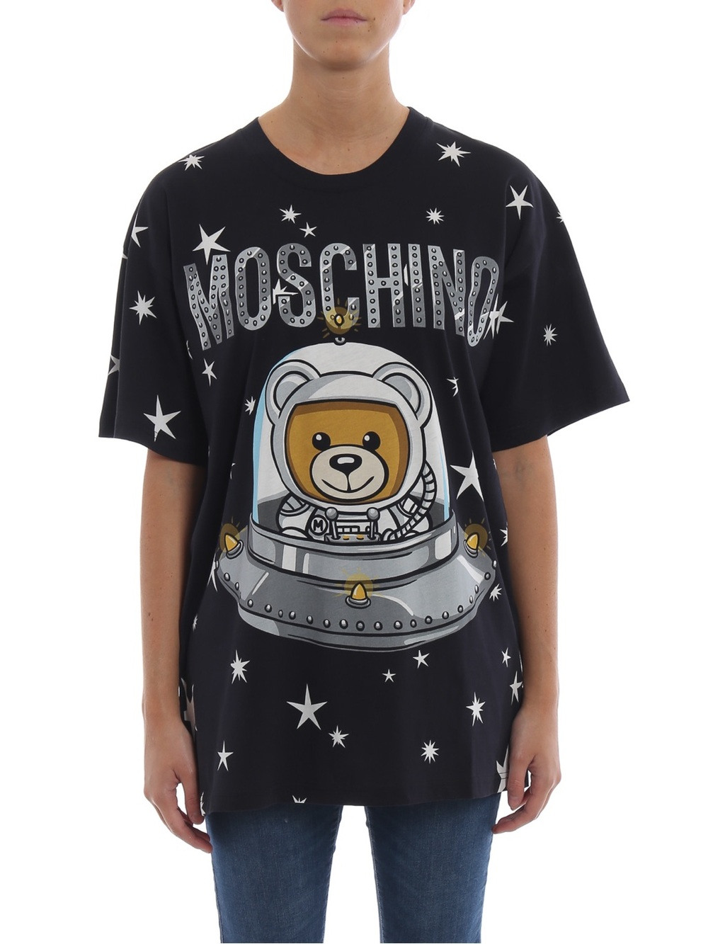 Moschino Black Tee with White Stars and Gold-Accented Space Bear